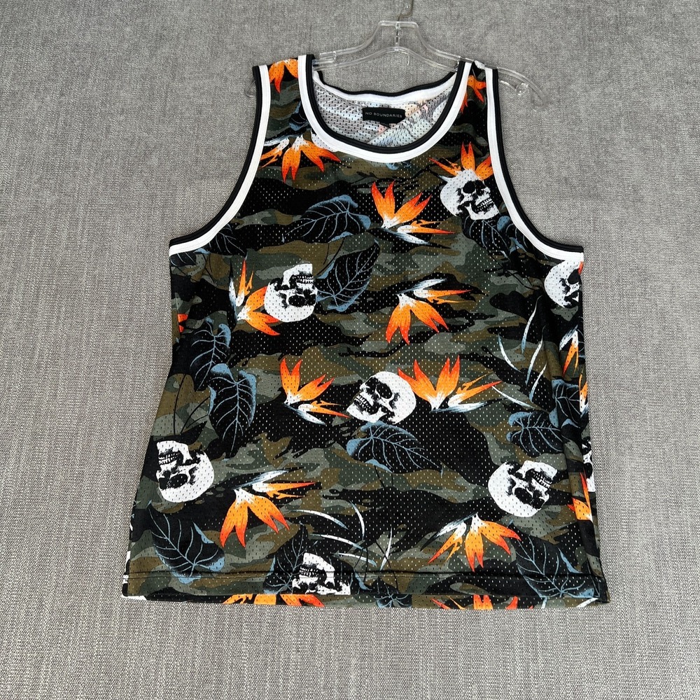 No Boundaries Tank Top Mens L Green Graphic Skull Camo Mesh Round Neck Pullover